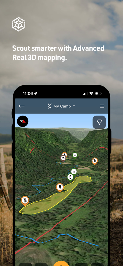 HuntStand mobile app displaying a detailed 3D topographic map with custom scouting markers and trail lines