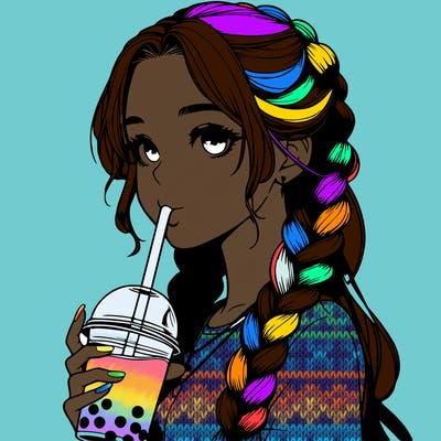 realistic girl with braided hair drinking boba