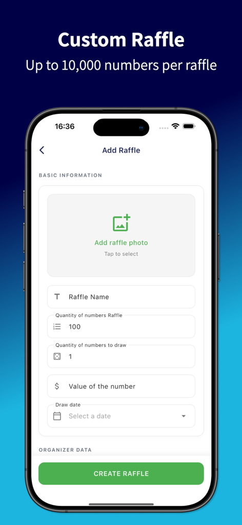 Easy Raffle: Names and Numbers - Mobile app screen for setting up a custom digital raffle with names and numbers
