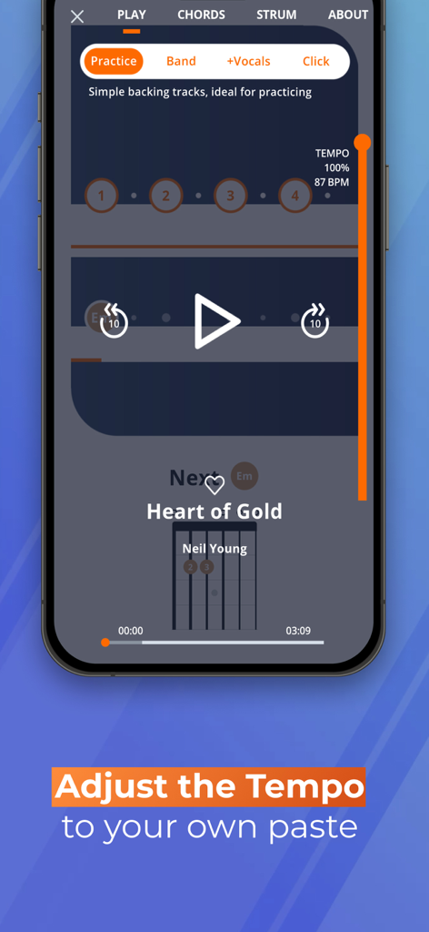 Justin Guitar Lessons & Songs - Interface of the Justin Guitar app showing tempo adjustment for the song Heart of Gold by Neil Young.