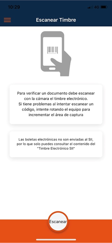 Pantalla instructiva en la aplicación e-Factura para escanear un timbre electrónico y verificar documentos tributarios.