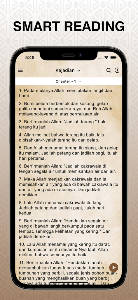 Smart reading feature in the Alkitab Terjemahan Baru Pro Indonesian Bible app showing Genesis chapter one