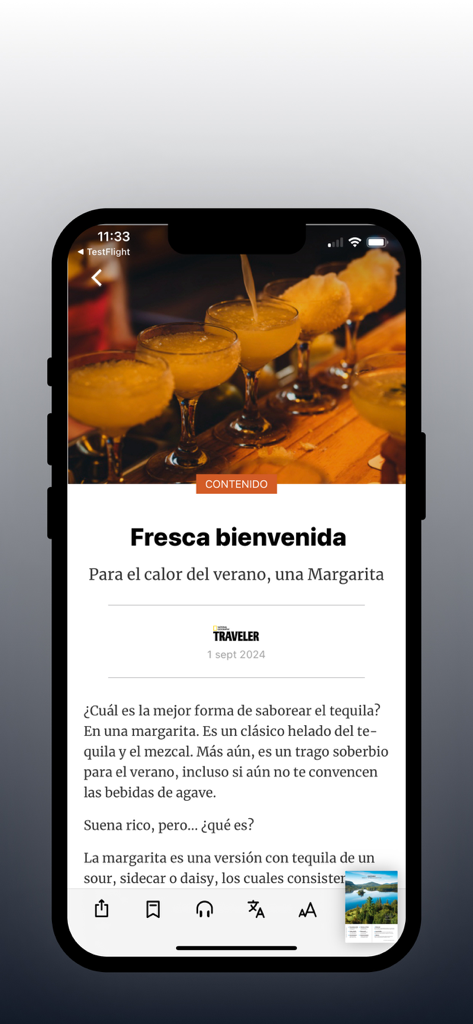 Editorial Televisa - Mobile app screen showing a Spanish lifestyle article with photos of margaritas from National Geographic Traveler.