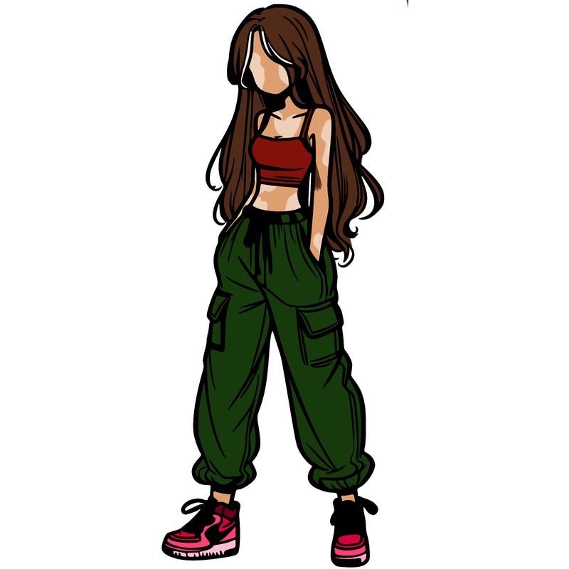 girl in baggy pants crop top and long hair