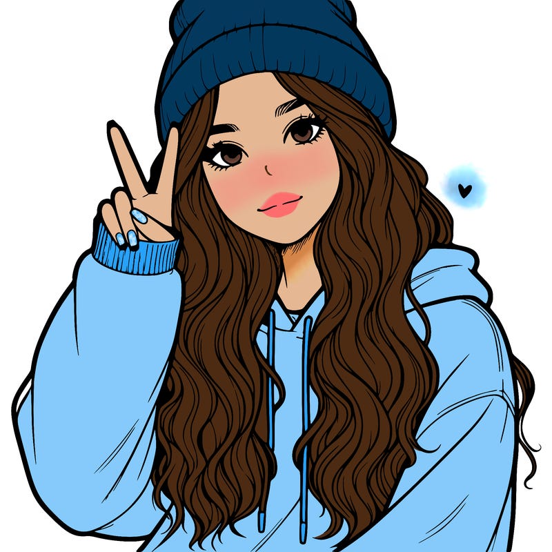 a teenage girl in a beanie, oversized sweatshirt, wavy long hair, and is showing a ✌️