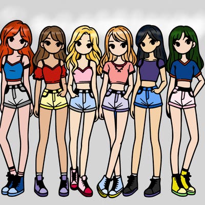 a group of girls wearing crop tops and shorts