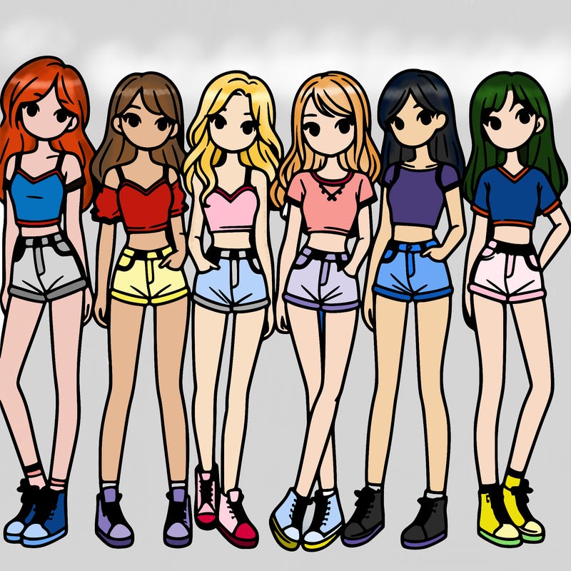 a group of girls wearing crop tops and shorts
