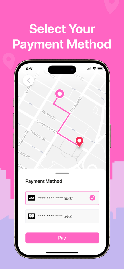 LadyGo Driver - LadyGo Driver app interface for selecting a payment method with a map and credit card options