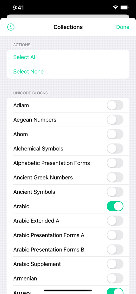 Interface do aplicativo Codepoint mostrando uma lista de blocos Unicode com interruptores para ativá-los ou desativá-los.