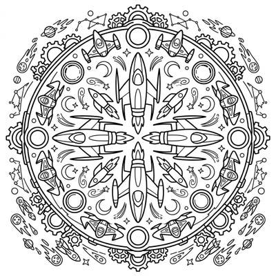 Embark on an intergalactic coloring journey with this exciting Kids' Scout Ship Mandala! This unique design combines the wonder of space exploration with the calming symmetry of a mandala, perfect for young adventurers.
