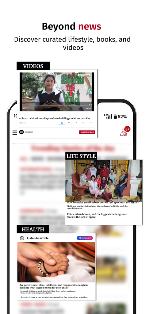 The Hindu news app interface showcasing curated videos lifestyle articles and health news sections