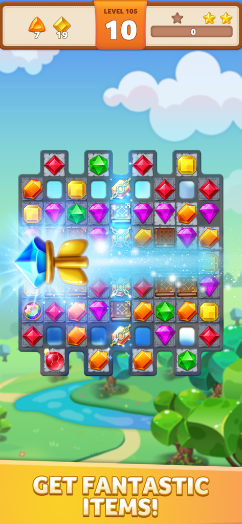 Jewel Match King - A Match-3 puzzle level in Jewel Match King featuring colorful jewels and a glowing blue booster item clearing a row.