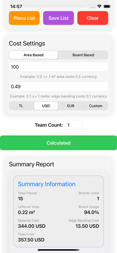 Zi Cutting Planner - Zi Cutting Planner cost settings and project summary report showing material costs and board usage percentage