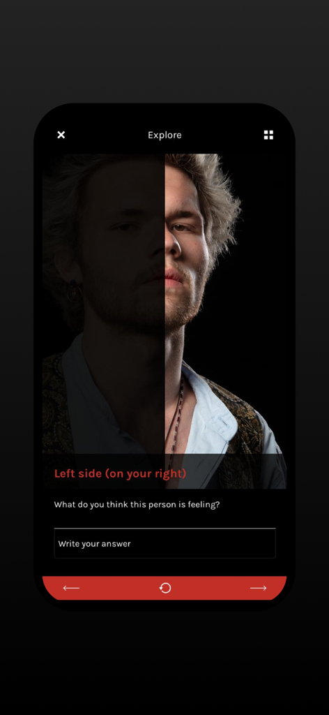 Emosee - Emosee app screen showing a facial symmetry exercise for emotional intelligence training