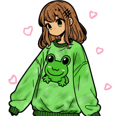 girl wearing frogging sweatshirt