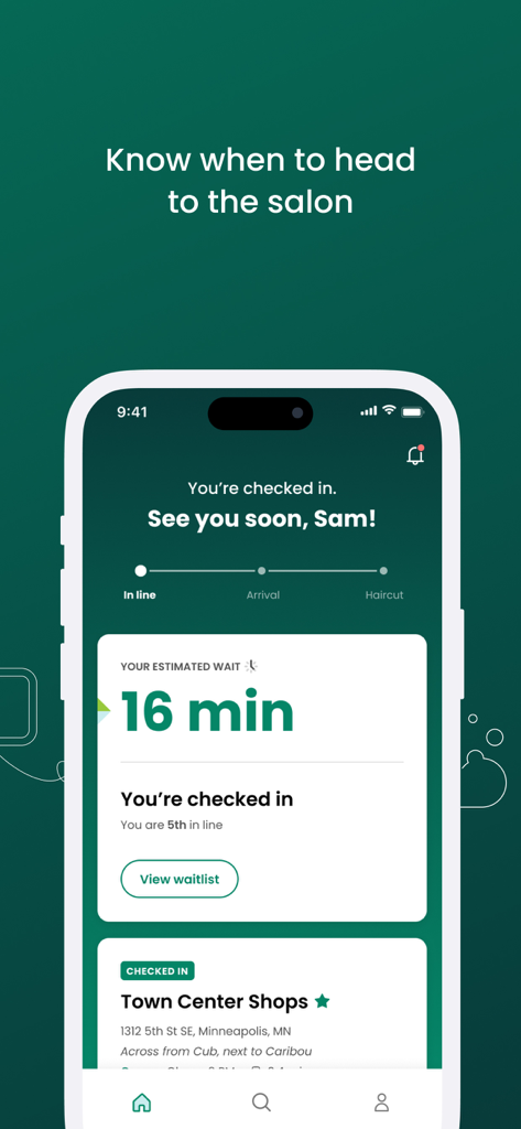 Great Clips app interface showing a sixteen minute estimated wait time and check-in confirmation.