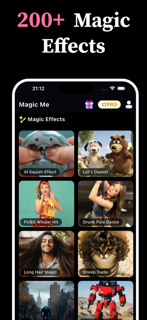 Magic Me: AI Photo to Video - Interfaz de la aplicación Magic Me mostrando una variedad de efectos de magia de foto a video IA, incluyendo animaciones de aplastamiento y baile.
