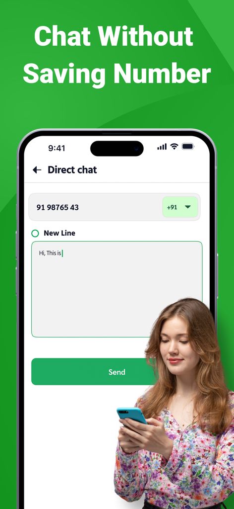 Smartphone displaying the direct chat feature to send messages without saving contacts