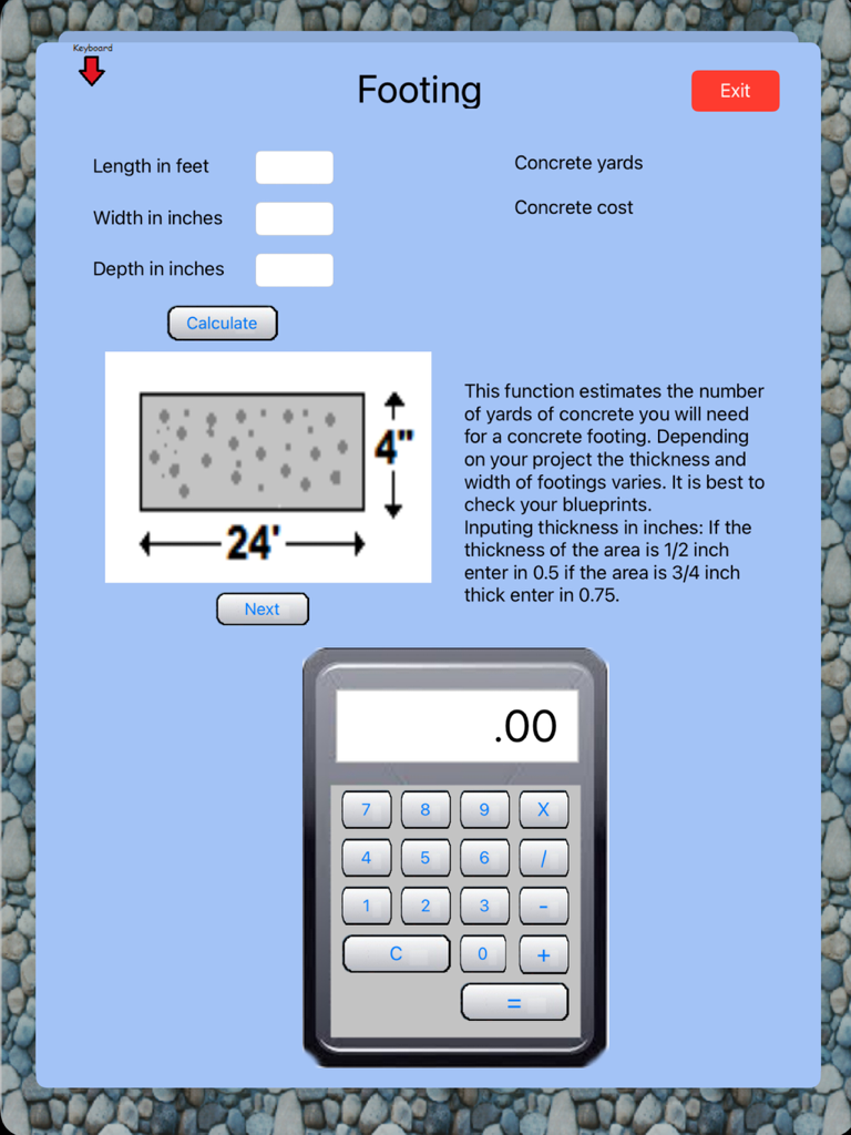 Estimate HD - Concrete footing estimator screen with a built-in calculator for construction projects.