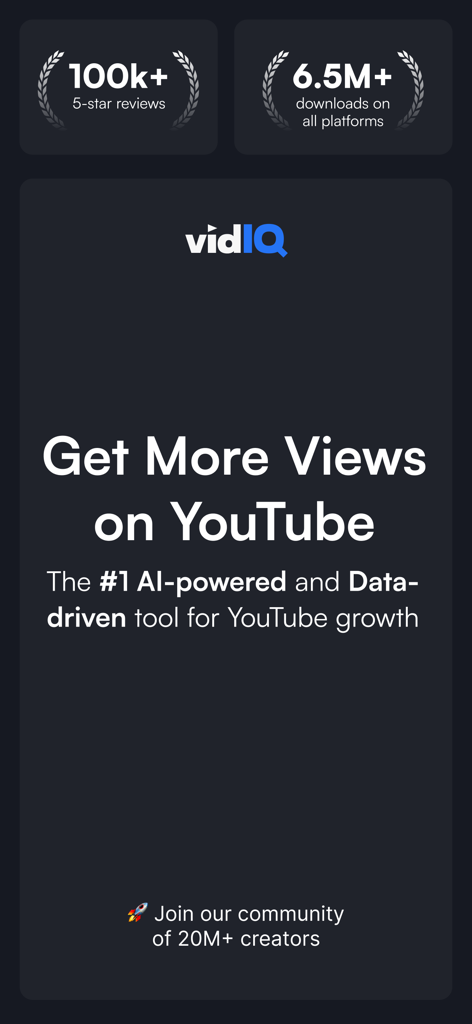 Capture d'écran de l'application vidIQ faisant la promotion d'outils pour obtenir plus de vues sur YouTube avec des preuves sociales de millions de créateurs