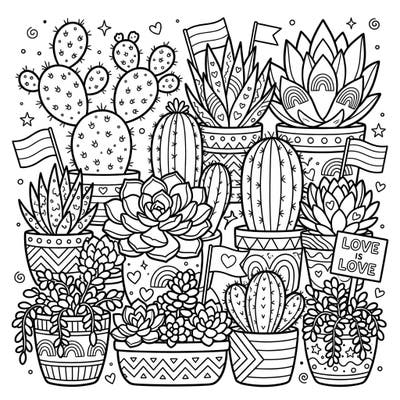 Celebrate the beauty of diversity and nature with our enchanting Cacti & Succulents Pride coloring page. This delightful design brings together an array of charming desert plants, beautifully adorned with symbols of love and community spirit.