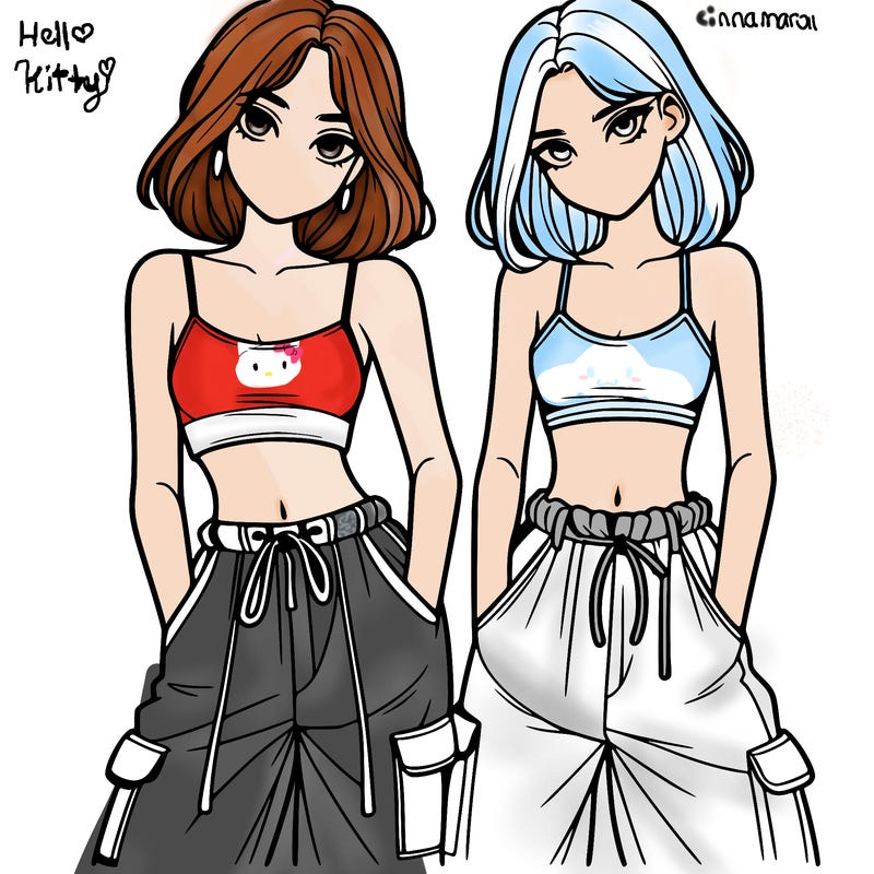 two girls with crop top with baggy pants