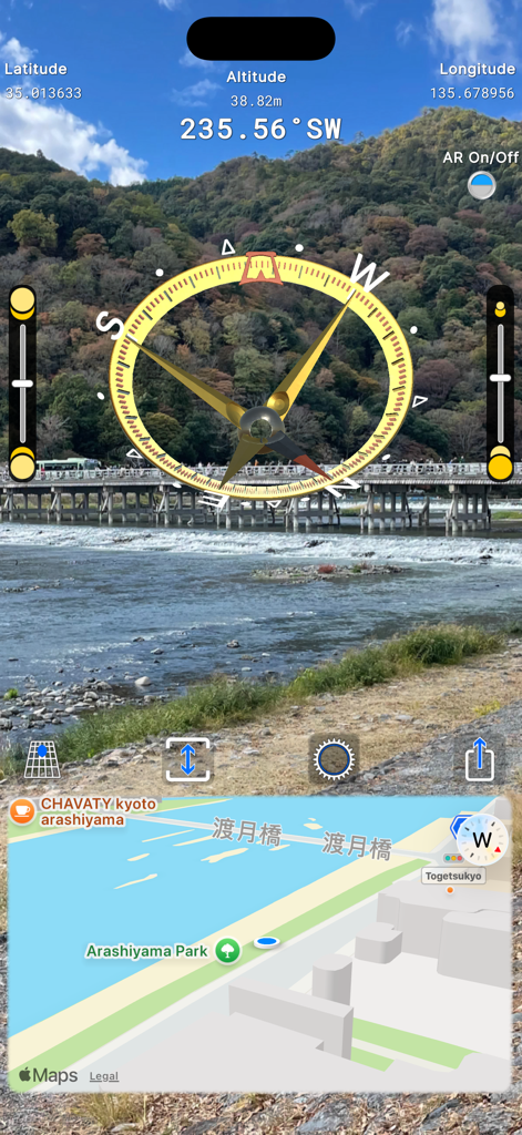 Augmented reality interface of CompassTip app showing a 3D compass overlay and map navigation