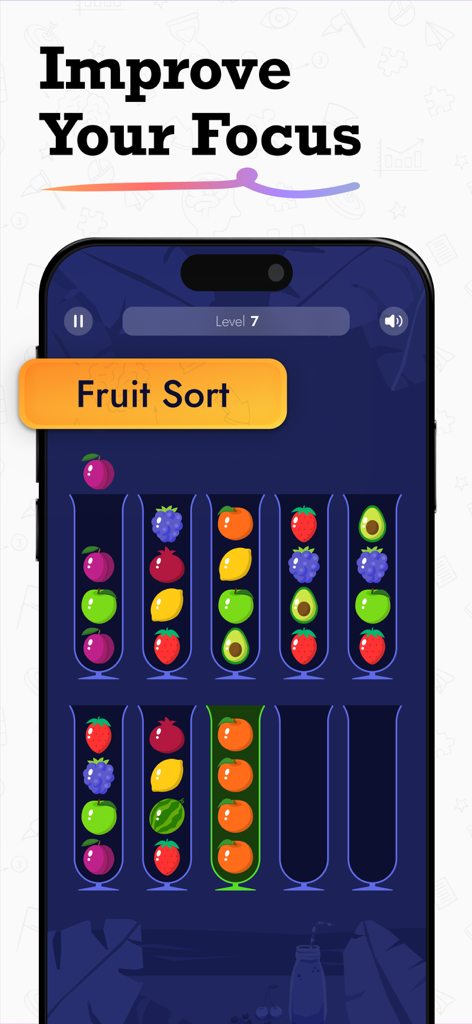 Screenshot of the Fruit Sort game in the IQ Masters app designed to improve focus and cognitive skills