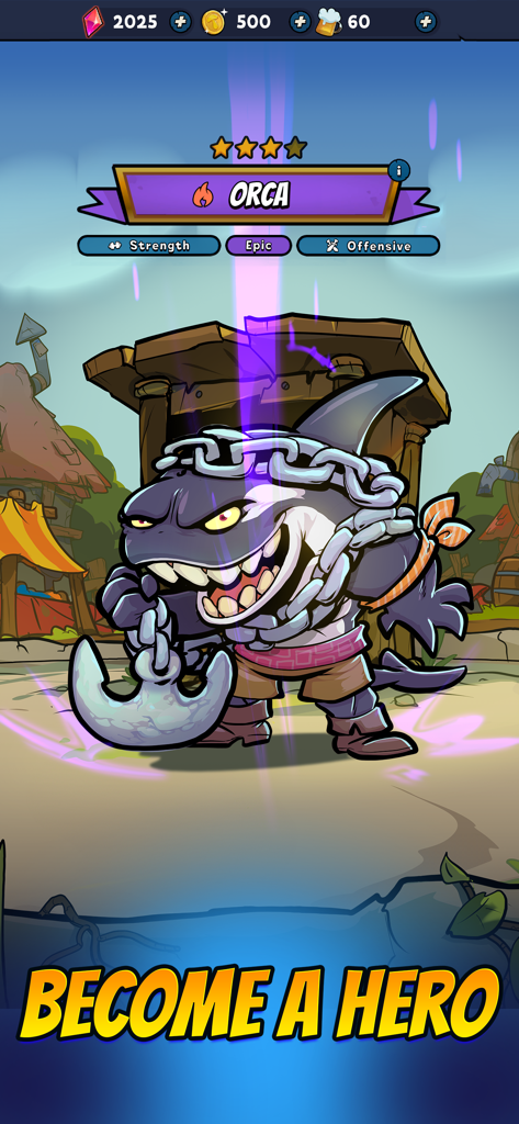 Mobile Dungeon: RPG Crawler - Orca character card showing strength and offensive stats in Mobile Dungeon RPG Crawler