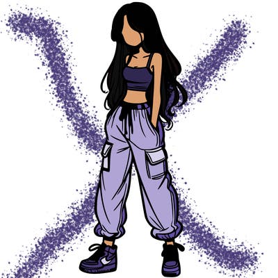 girl in baggy pants crop top and long hair