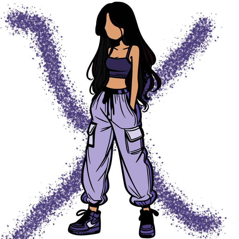 girl in baggy pants crop top and long hair