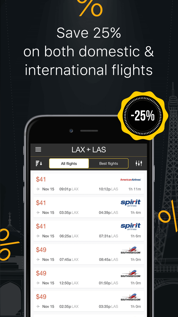 777 Airways 앱 인터페이스에서 LAX발 LAS행 저가 항공 옵션을 표시하는 스마트폰 화면.