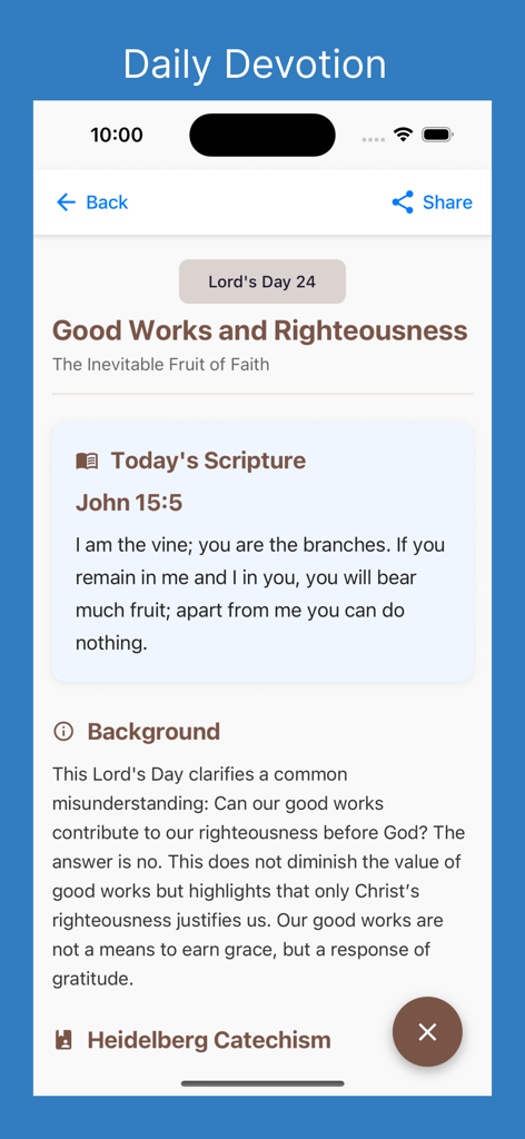 Knowing God - Daily Devotion screen in the Knowing God app showing scripture and theological background.
