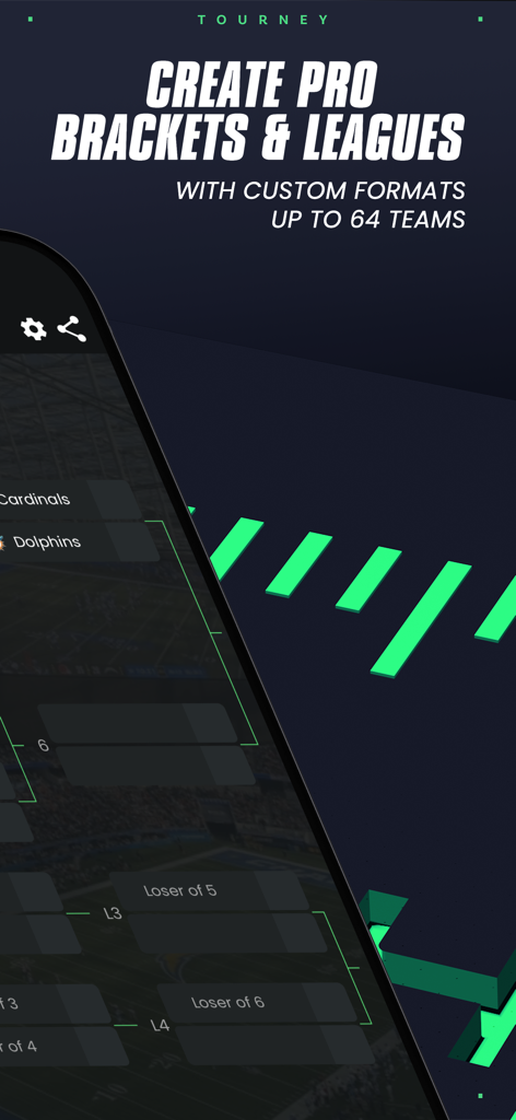 Tourney app interface showing professional tournament brackets and league creator with custom formats for up to 64 teams.