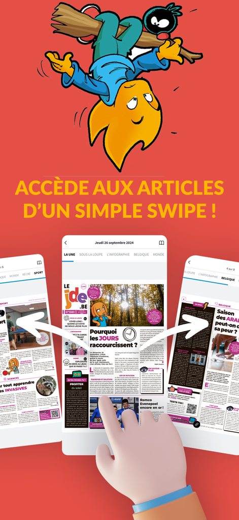 Le JDE mobile app interface showing French news articles for children with swipe navigation