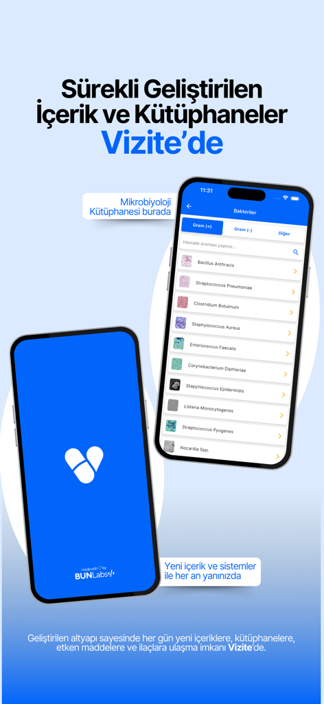 Microbiology library screen in the Vizite medical app showing a list of bacteria and gram classification
