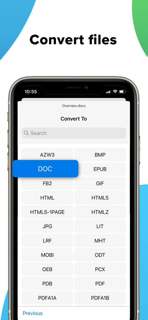 Pantalla de la aplicación MobiDrive que muestra múltiples opciones de conversión de formato de archivo para documentos e imágenes