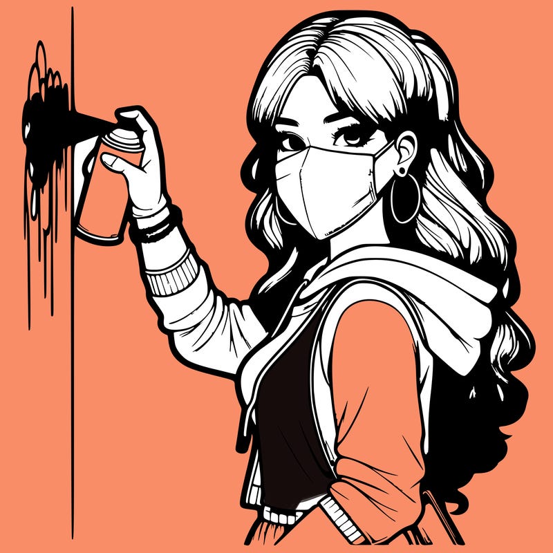 realistic girl with mask spray painting a wall