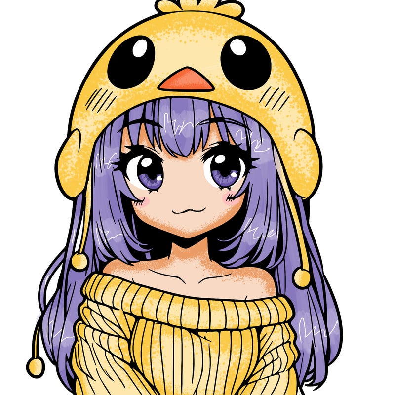 anime girl with chick shaped hat with sweater with bare shoulders with bangs covering them one eye with low tail
