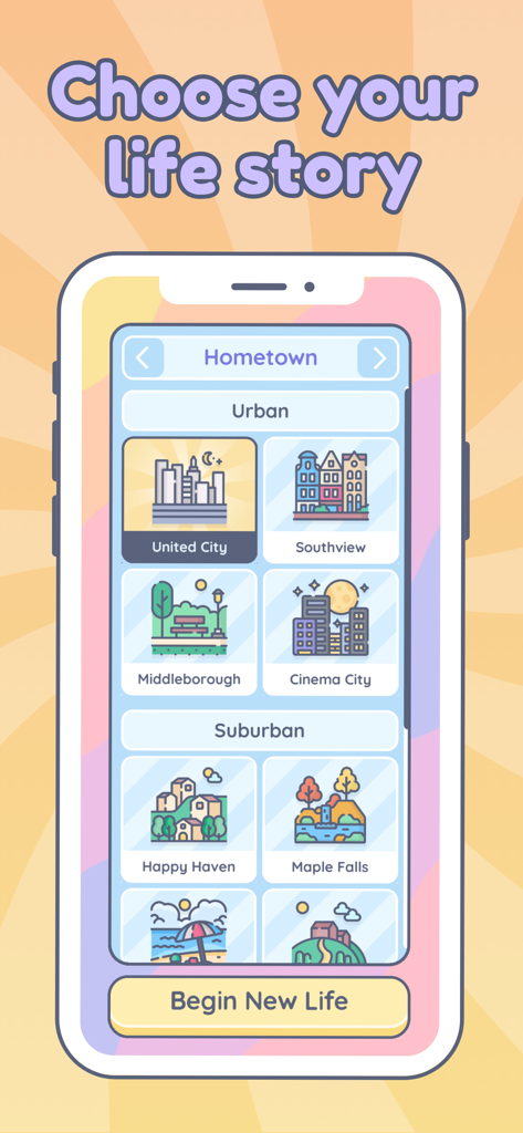 Hometown selection screen in the Everlife life simulator app featuring urban and suburban start locations