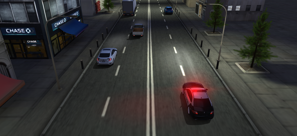 Traffic Racer - Traffic Racerの夜の都市のハイウェイで、点滅するライトをつけたパトカーが交通を追跡している。
