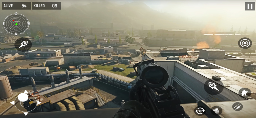 Fps Commando Shooting Gun Game - First person perspective of a sniper on a rooftop overlooking an industrial area in a shooting game.