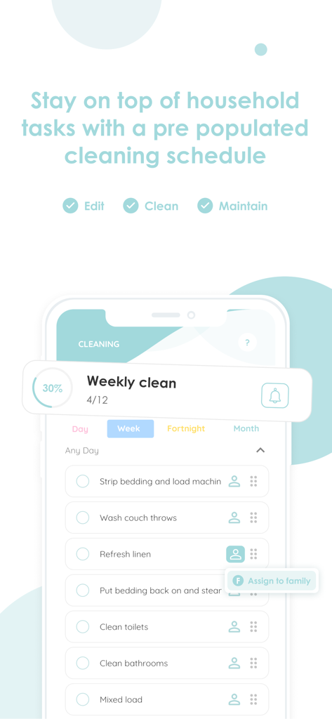 Picketアプリのモバイル画面。家庭のタスクリストと進捗バー付きの週次掃除スケジュールが表示されています。