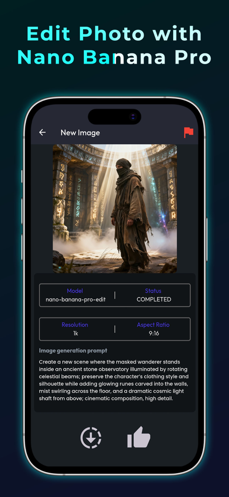 Interface of Aienvoy app displaying an AI generated image of a traveler in an ancient stone observatory