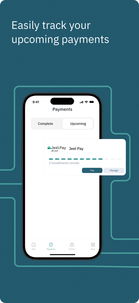 Interfaccia dell'app mobile Jeel Pay che mostra le prossime rate universitarie e una barra di avanzamento