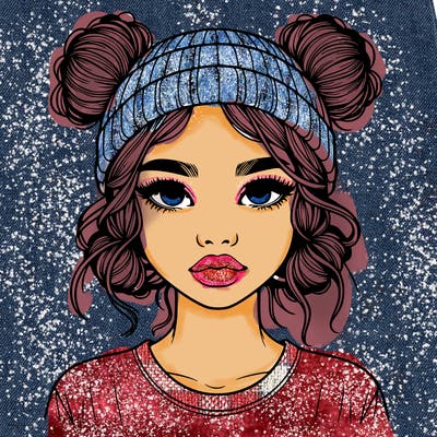 realistic girl with buns in her hair with a beanie on