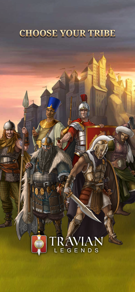 Guerrieri di antiche civiltà di diverse tribù in piedi davanti a un castello in Travian Legends