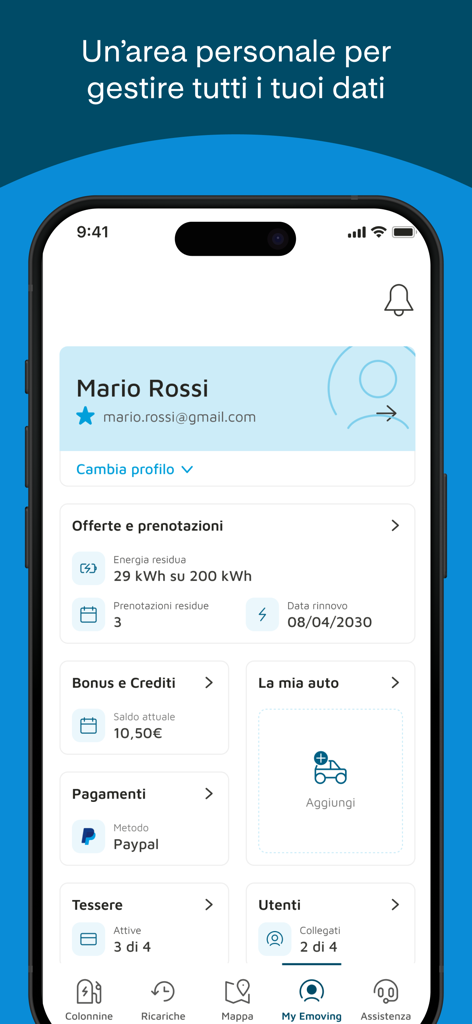 A2A Emoving - Dashboard del profilo utente personale dell'app A2A Emoving che mostra energia di ricarica, saldo e metodi di pagamento