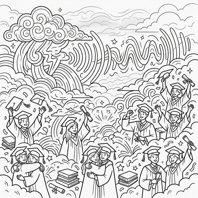 Commemorate a momentous occasion with this unique Graduation Day coloring page, artfully blended with the atmospheric concept of muffled thunder. Dive into a scene teeming with joyous graduates, flying caps, and diplomas, perfect for celebrating academic success.