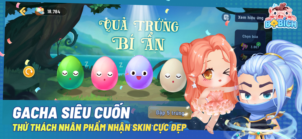 Ba Bich - Tien Len/Thirteen - Gacha system screen in the Ba Bich card game featuring colorful mystery eggs and character skins.